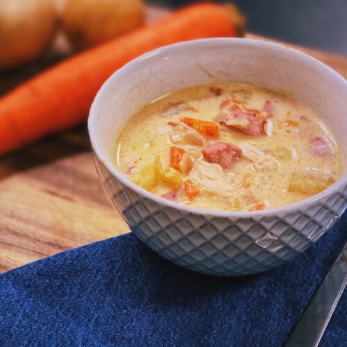 A bowl of Cheesy Sausage and Potato Soup